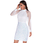 Women's Crew-Neck Floral Sequin Embroidered Long-Sleeve Dress