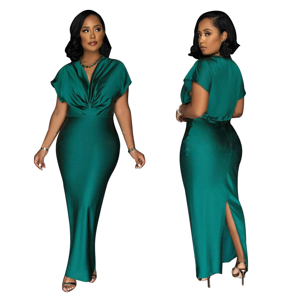 Women's V-Neck Short-Sleeve Split Maxi Dress