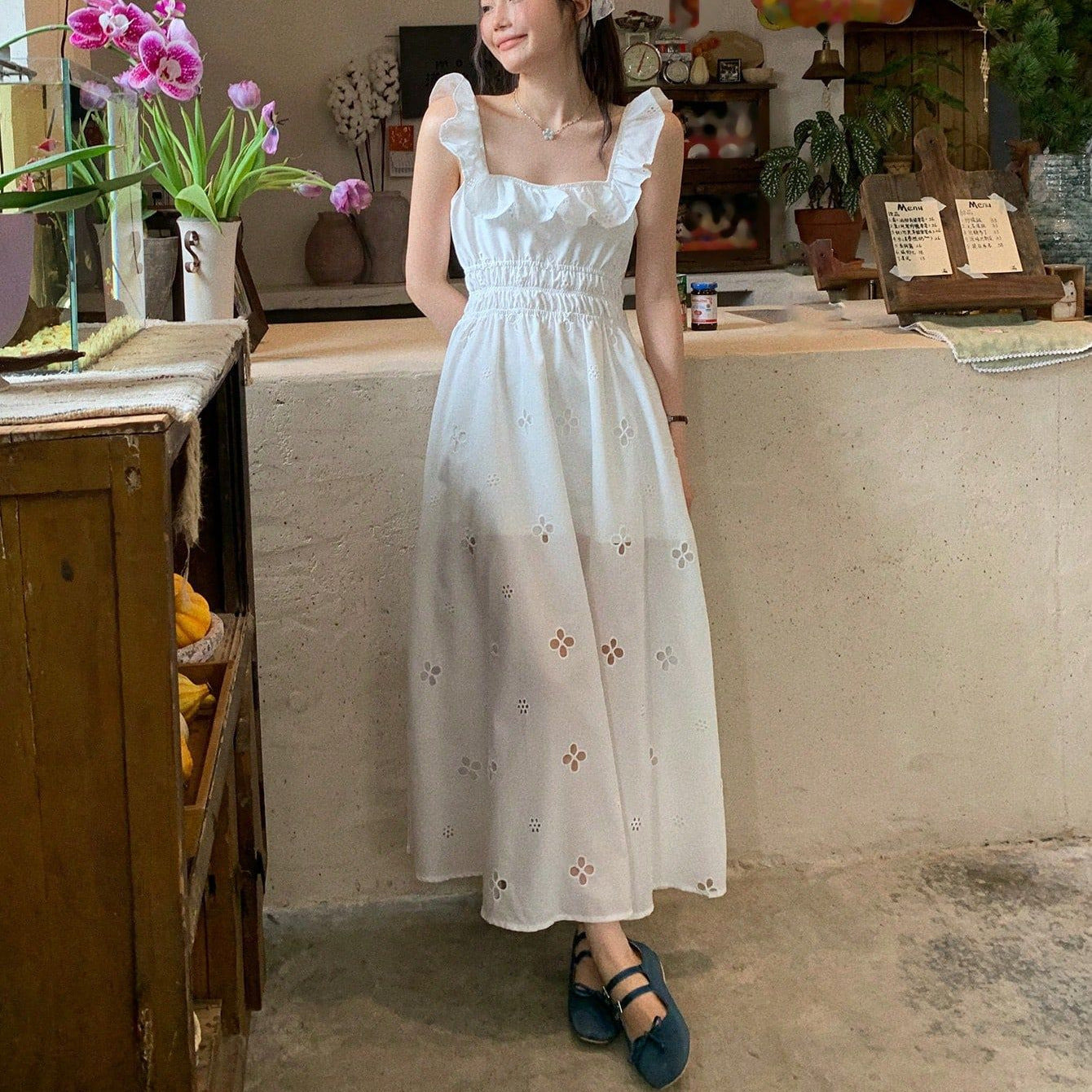 Women's White Embroidered Ruffle Cami Dress