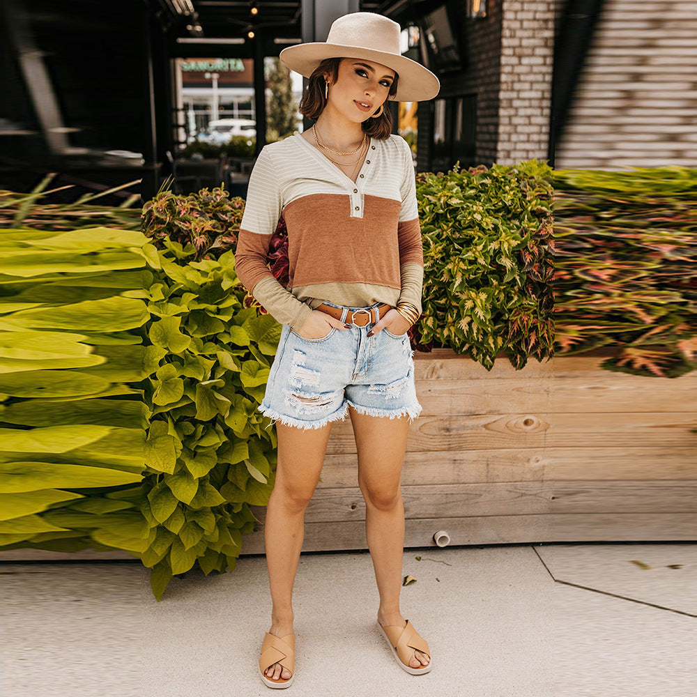 Orange Striped Color Block Long Sleeved Top Women Loose All Match T shirt