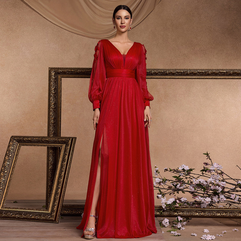 Women's V-Neck Long Sleeve Split Evening Dress