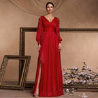 Women's V-Neck Long Sleeve Split Evening Dress