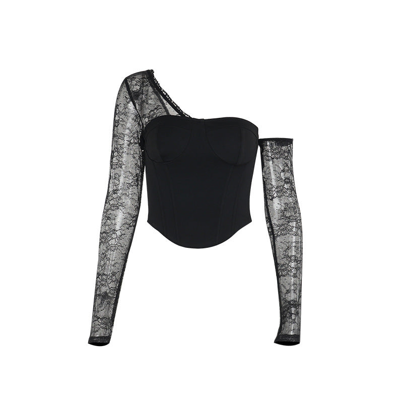 Women’s Black Asymmetric Lace One Shoulder Top