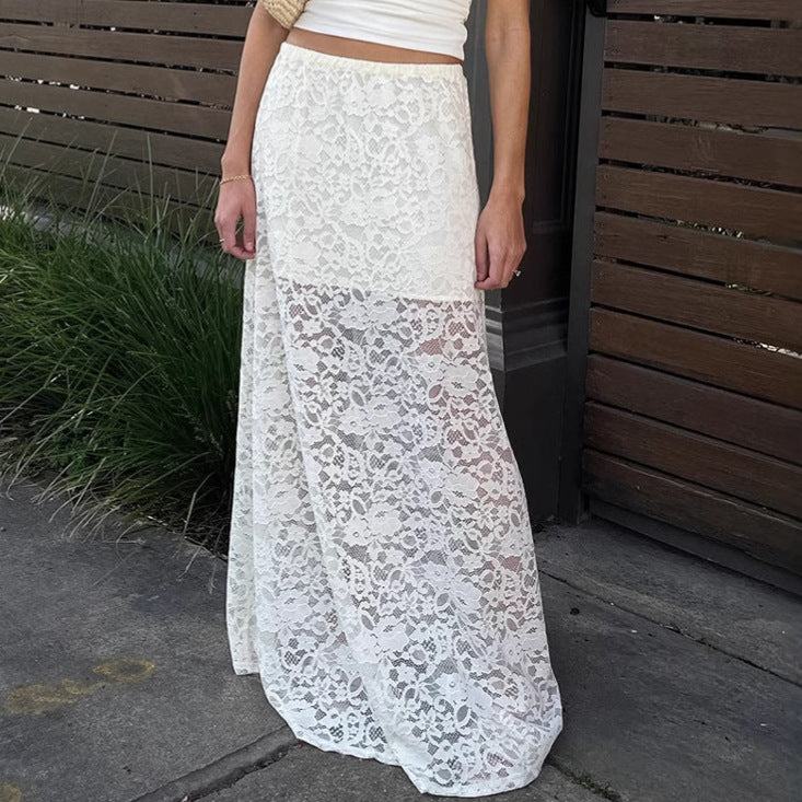 Spring Jacquard Hollow Out Cutout Lace Long Skirt