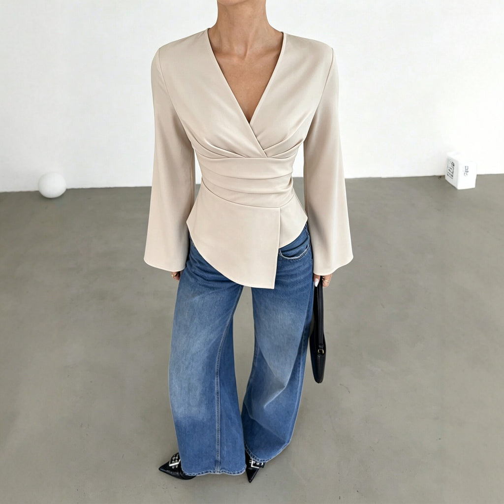 V neck Cross Waist-Controlled Long Sleeves Top Women Bell