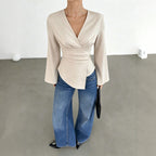 V neck Cross Waist-Controlled Long Sleeves Top Women Bell