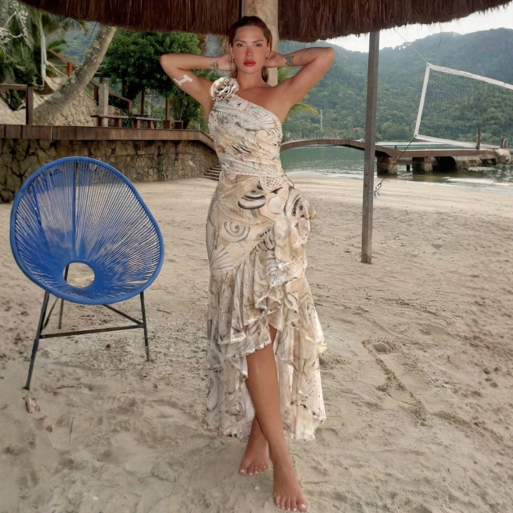 One-Shoulder Swimsuit with Wrap Skirt