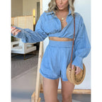 Women's Wear Denim Shirt Deep V Plunge Long Sleeve Shorts Sets