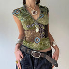 Women's Wizard Of Oz Deep Forest Vintage Printing Polo Collar Slim Stretch Graceful Wind Summer Short Sleeved Top