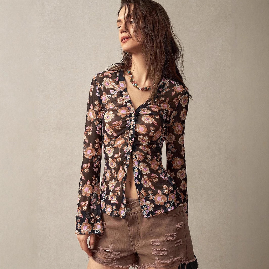 Women's Summer Printed Shirt Women Slim Fit Slimming Retro Office Vacation Top