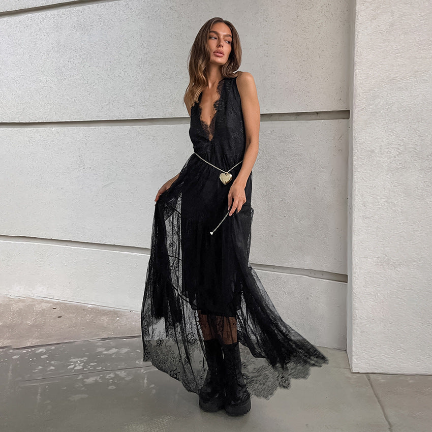 Black Brocade Lace Backless Dress