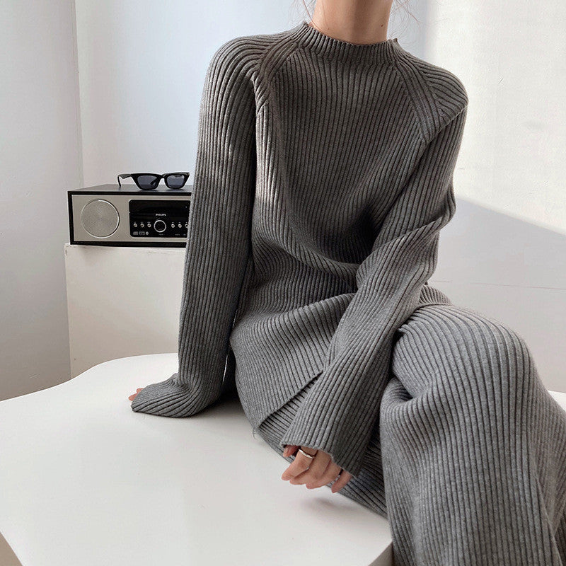 Solid Color Split Sweater Wide Leg Pants Spring Loose Autumn Knitting Suit Two-Piece Set