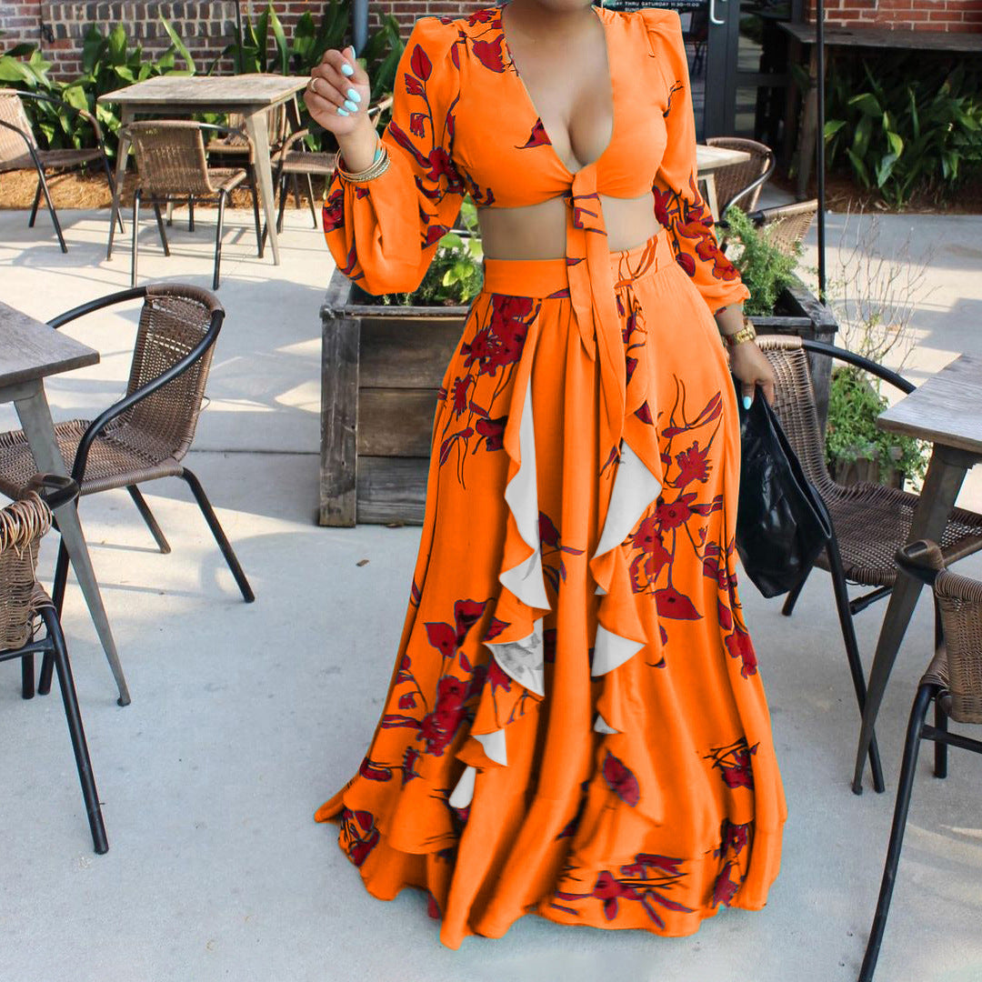 Women's Summer Printed Lace Up Top Skirt Two-Piece Set Outer Code Set