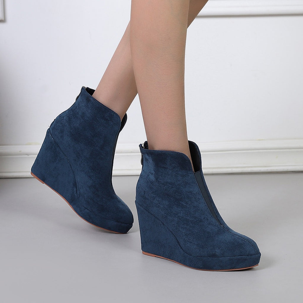 Women's Suede Ankle Boots Winter Back Zipper Wedge Height