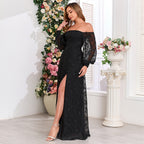 Women's Black Off Shoulder Long Sleeve Chiffon Embroidered Evening Dress High Slit Fully Lined Party Dress