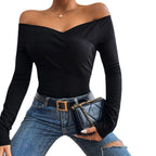 Off-Neck Slim Knitted Long Sleeve T-Shirt Tops
