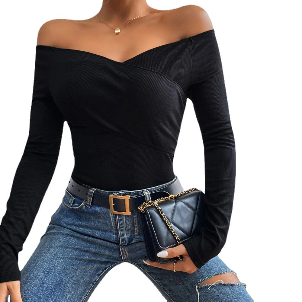 Off-Neck Slim Knitted Long Sleeve T-Shirt Tops