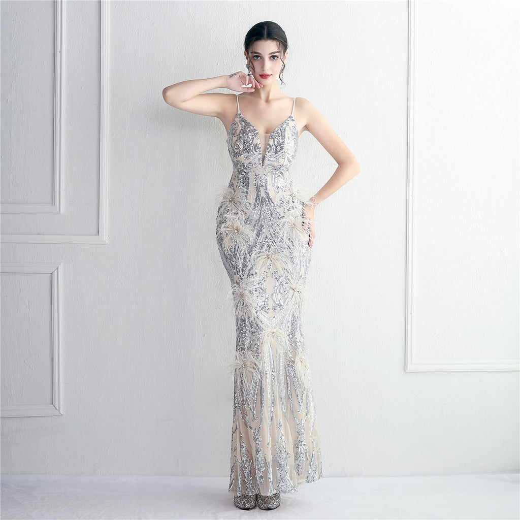 Women's Floral Beading Imported Wool Dress Long Banquet Slim Fit Evening
