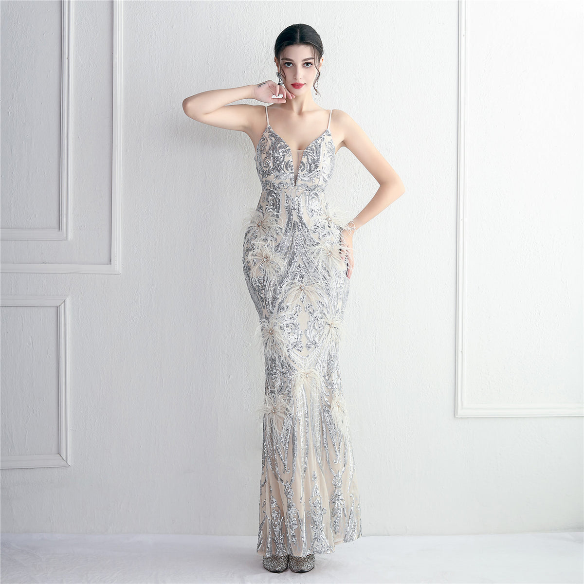 Women's Floral Beading Imported Wool Dress Long Banquet Slim Fit Evening