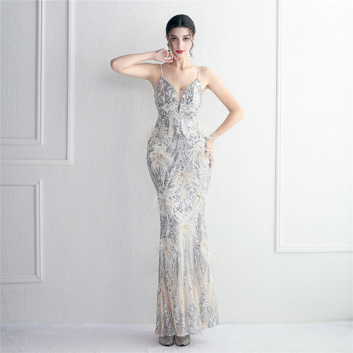 Positioning Floral Craft Beading Craft Imported Wool Dress Long Banquet Slim Fit Evening Dress Elegant