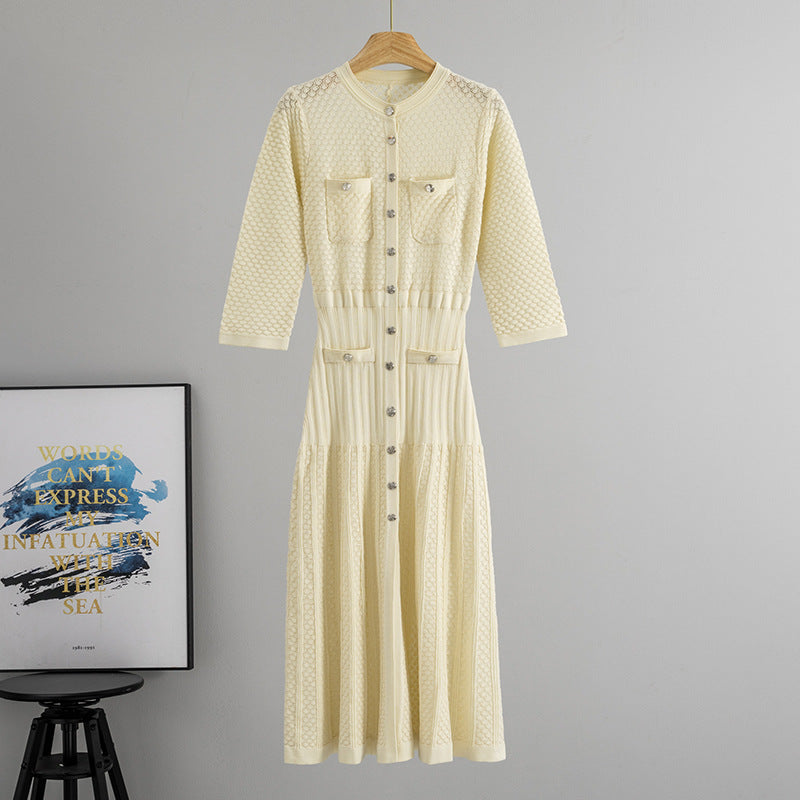 Women's Early Autumn Socialite Round Neck 3/4 Sleeves Hollow Out Cutout Out Cinched Slimming Knitted Mid Length Dress Women