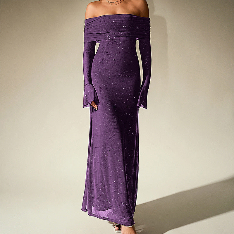 Women's Silver Mesh Off-Shoulder Long Sleeve Maxi Dress