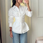 Casual Lace up Shirt Women Simple Collared Long Sleeve Cardigan Shirt French Top