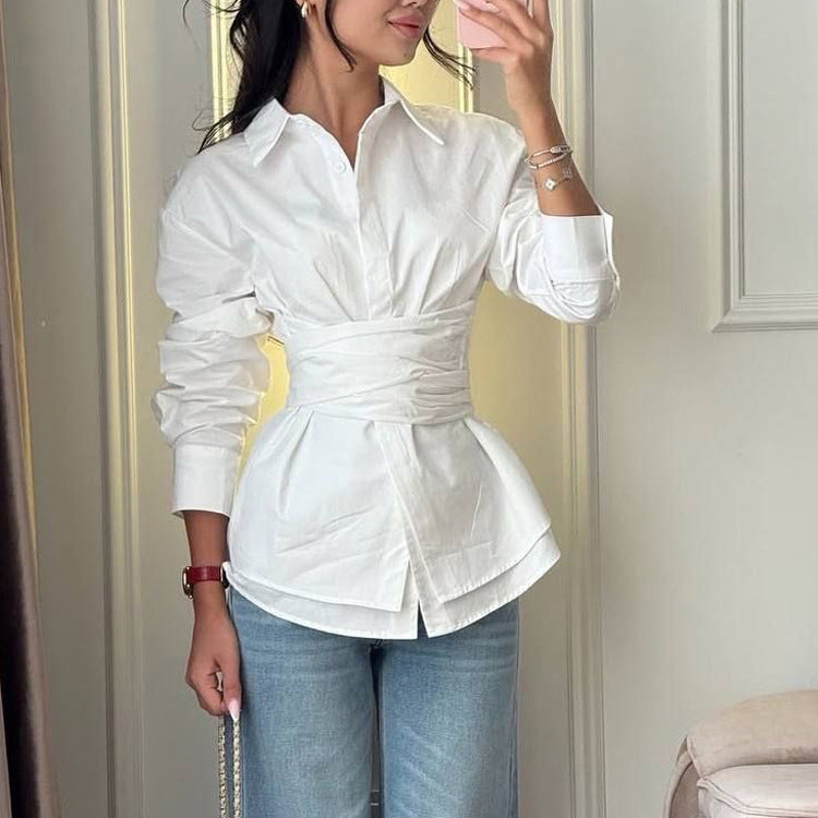 Casual Lace up Shirt Women Simple Collared Long Sleeve Cardigan Shirt French Top