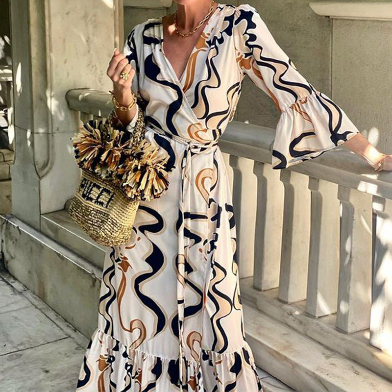 Autumn Long Sleeve Printed Loose Mid Length Holiday Dress
