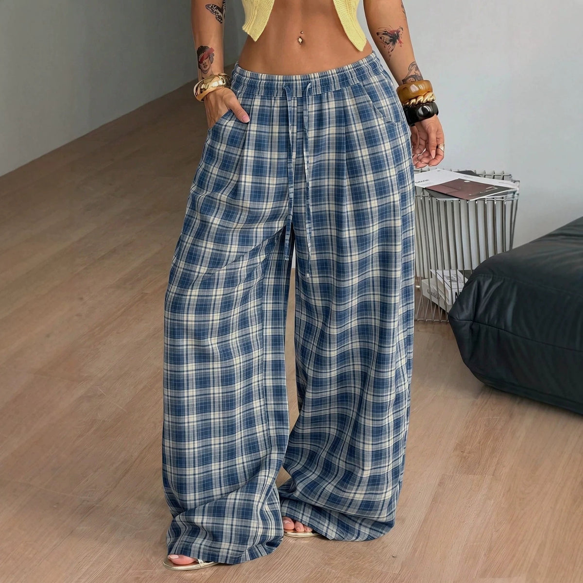 Women's Retro Plaid Wide-Leg Drawstring Pants