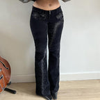 Street Rhinestone Floral Starry Sky Printed Trousers Women Casual All Match Sexy Woven Bootcut Trousers