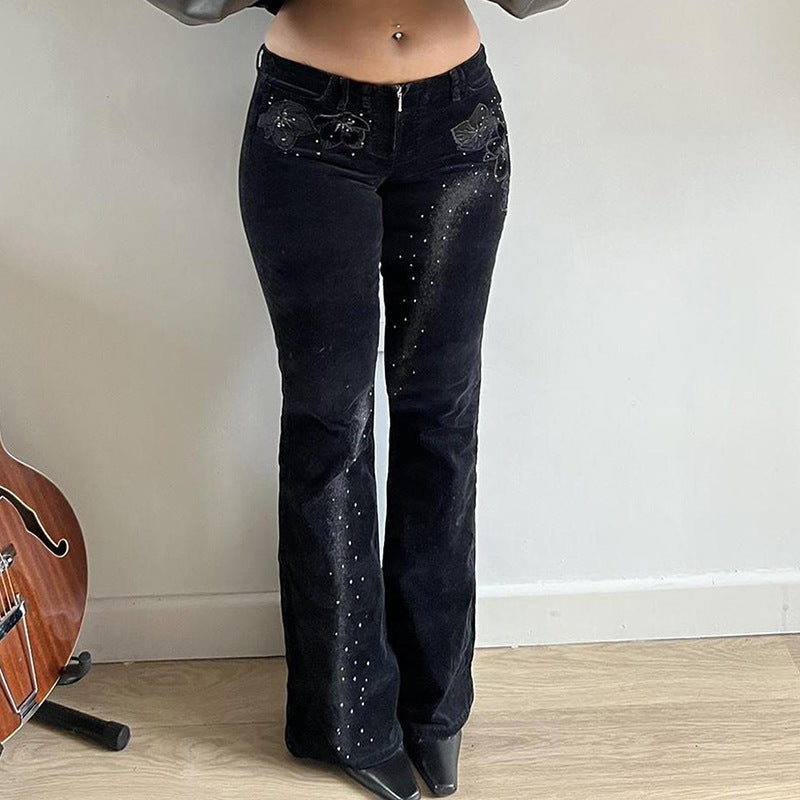 Street Rhinestone Floral Starry Sky Printed Trousers Women Casual All Match Sexy Woven Bootcut Trousers