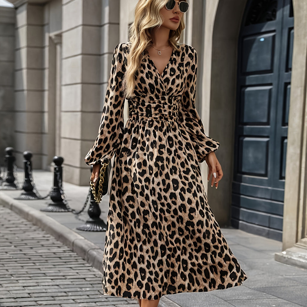 Women's Vintage Leopard Print V Neck Wrap Dress Women Bubble Long Sleeve Fitted Waist Pleated Mid Length