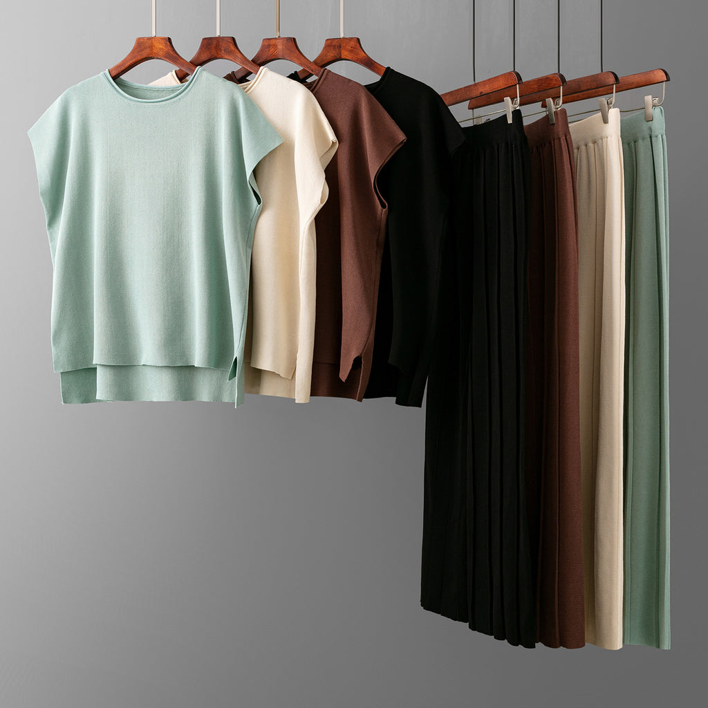 Casual Summer Solid Color Sleeveless Vest Sweater Wide Leg Pants Ice Silk Set