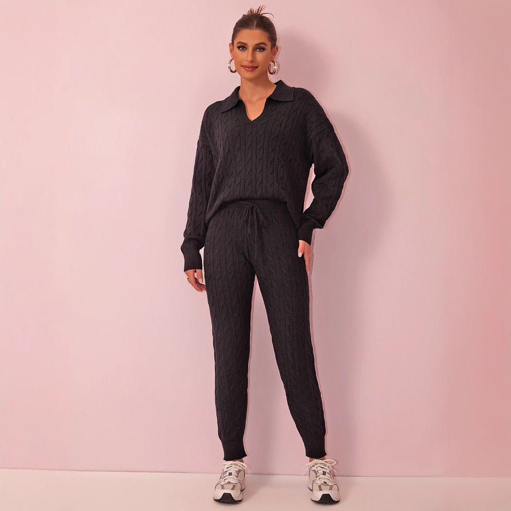 Autumn Winter Solid Color Sweater Trousers Knitted Two Piece