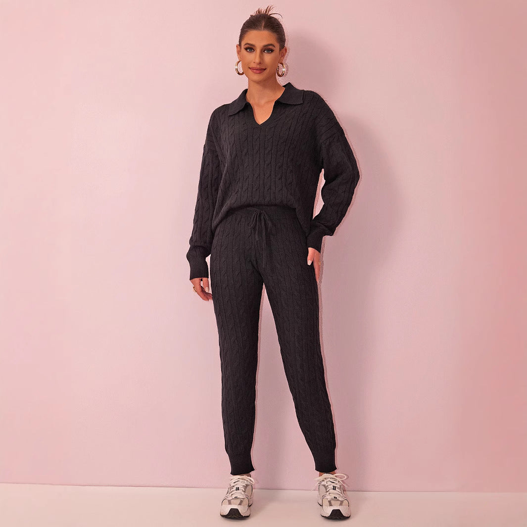 Autumn Winter Solid Color Sweater Trousers Knitted Two Piece