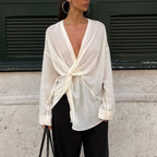 Special Interest Design Twisted V Neck Long Sleeve Loose Shirt French Top