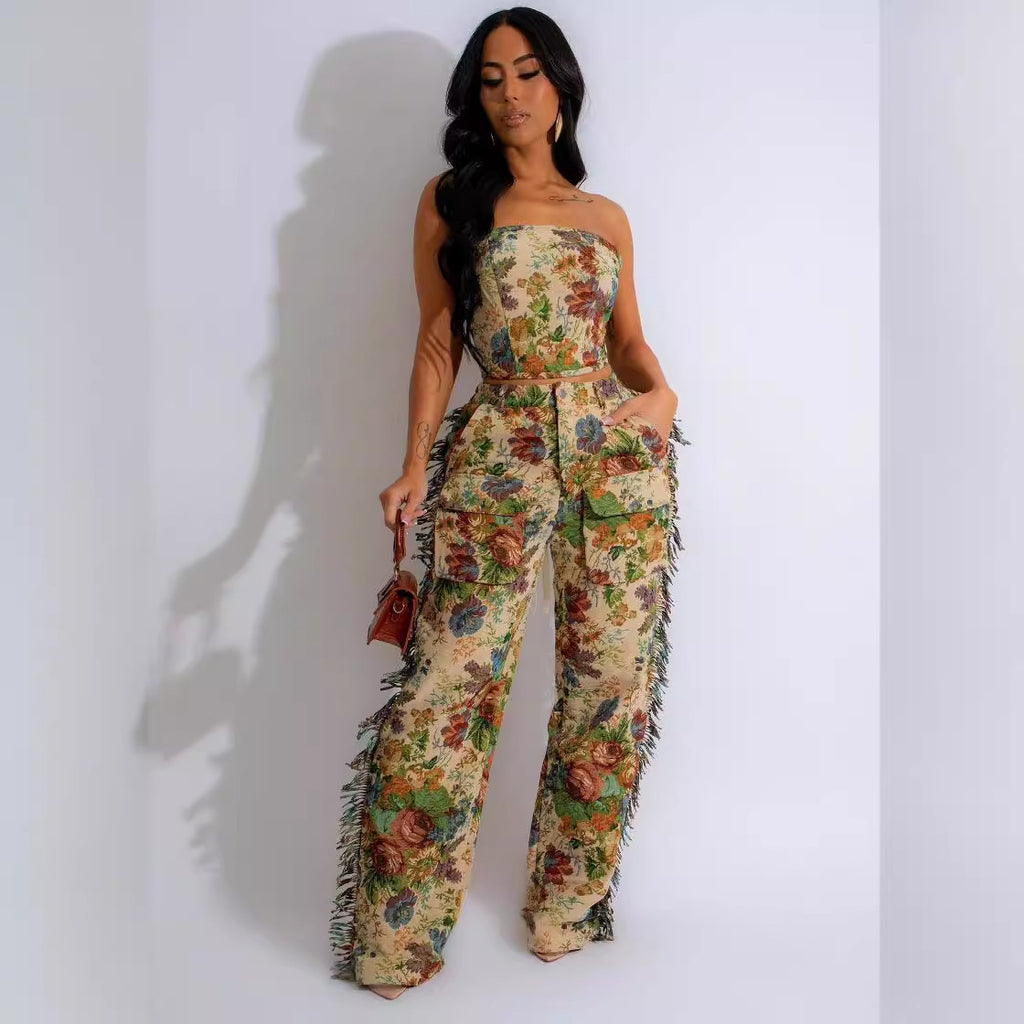 Lacing Chest Wrapped Tassel Trousers Jacquard Set