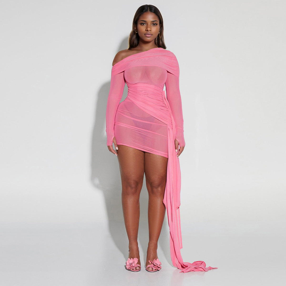 Women's One-Shoulder Mesh Ruched Asymmetric Mini Dress