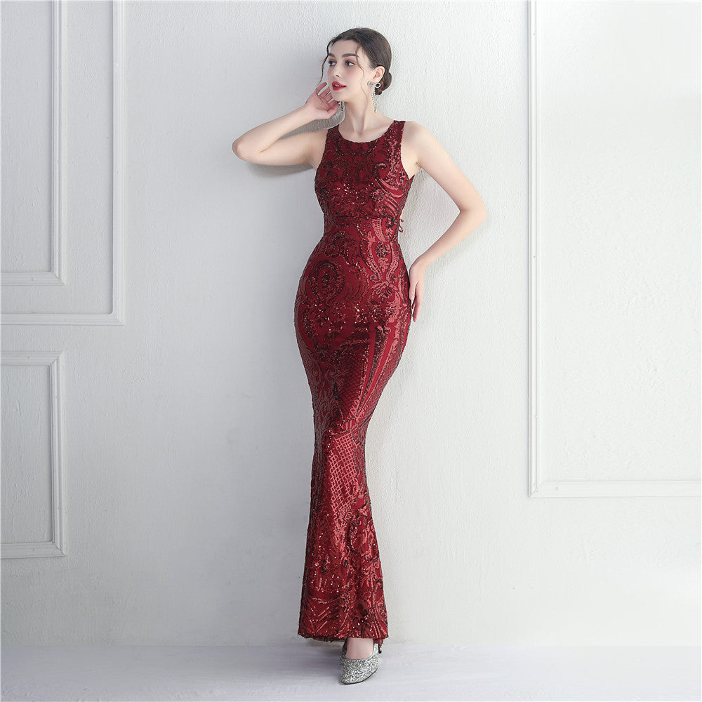 Women's Bare Back Beaded Sequin Embroidery Stage Concert Cocktail Dress