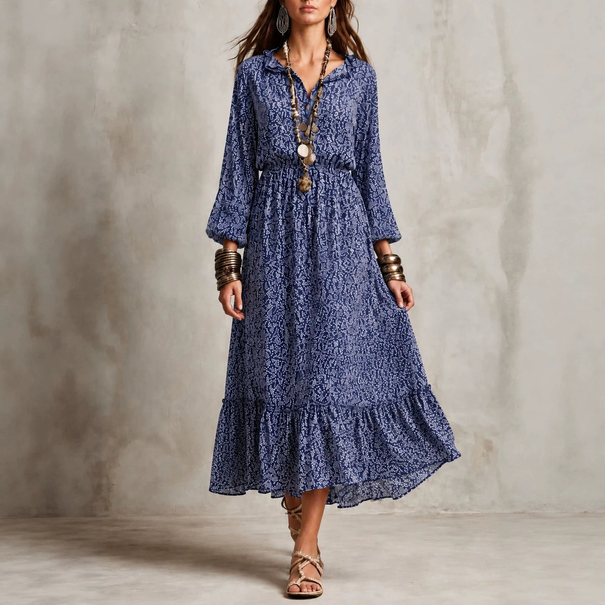 Women's Floral V-Neck Long-Sleeve Maxi Dress
