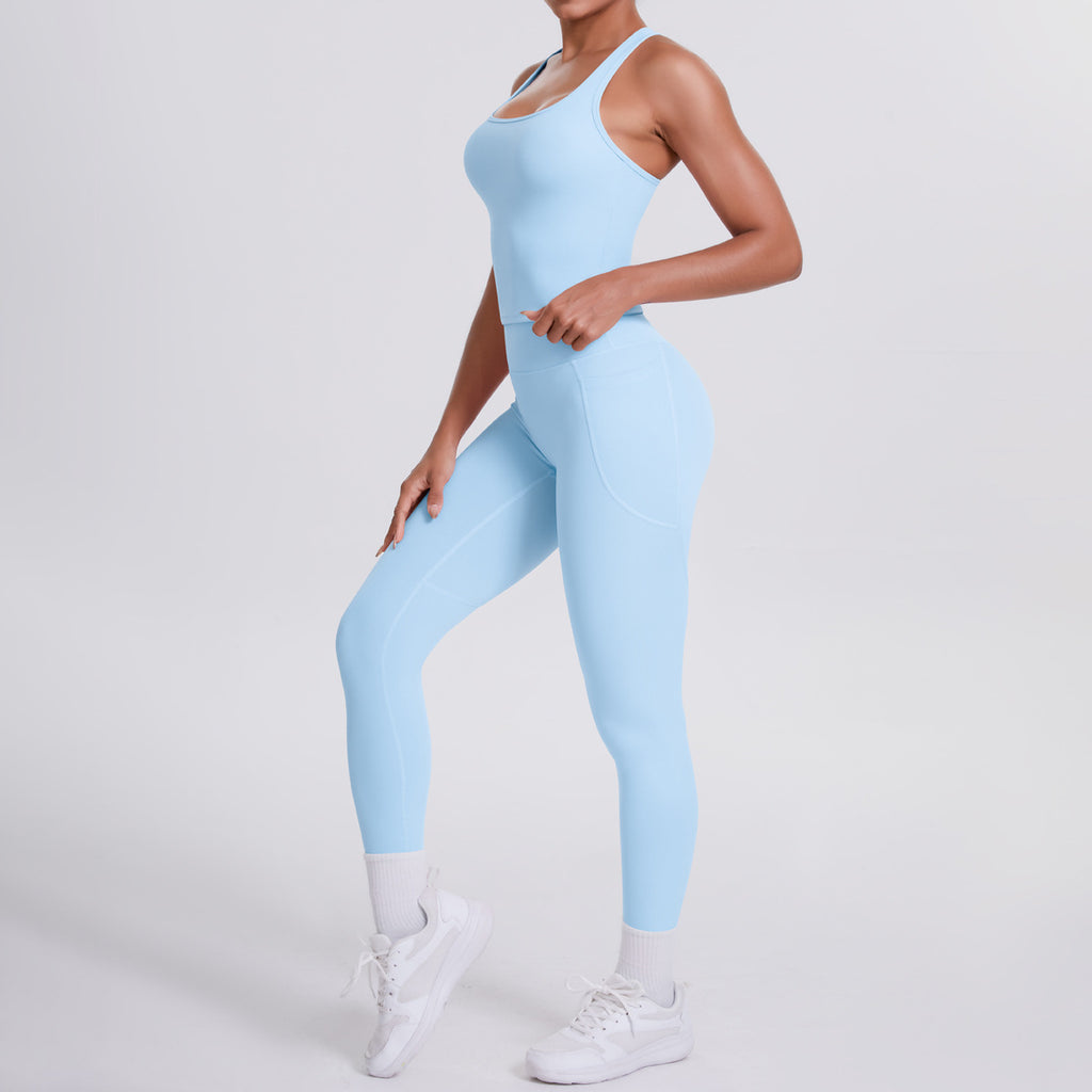 Brushed H Shaped Beauty Back Sports Vest Pants Yoga Pants Running Side Pocket Fitness Yoga Wear Set for Women