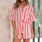 Women's Spring Summer Striped Printed Short-Sleeve Shirt Shorts Suit Beach Casual Two-Piece Suit Clothing