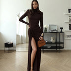 Women's High-Neck Asymmetric Split Long-Sleeve Maxi Dress