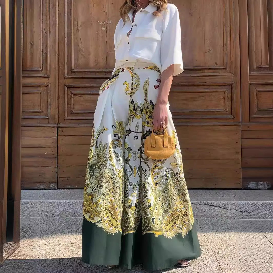 Women's Autumn Elegant Single Breasted Shirt High Waist Print Wide Leg