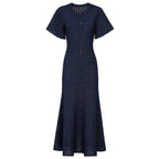 Navy maxi silk dress with short sleeves, button-front placket, and textured crochet-style skirt.