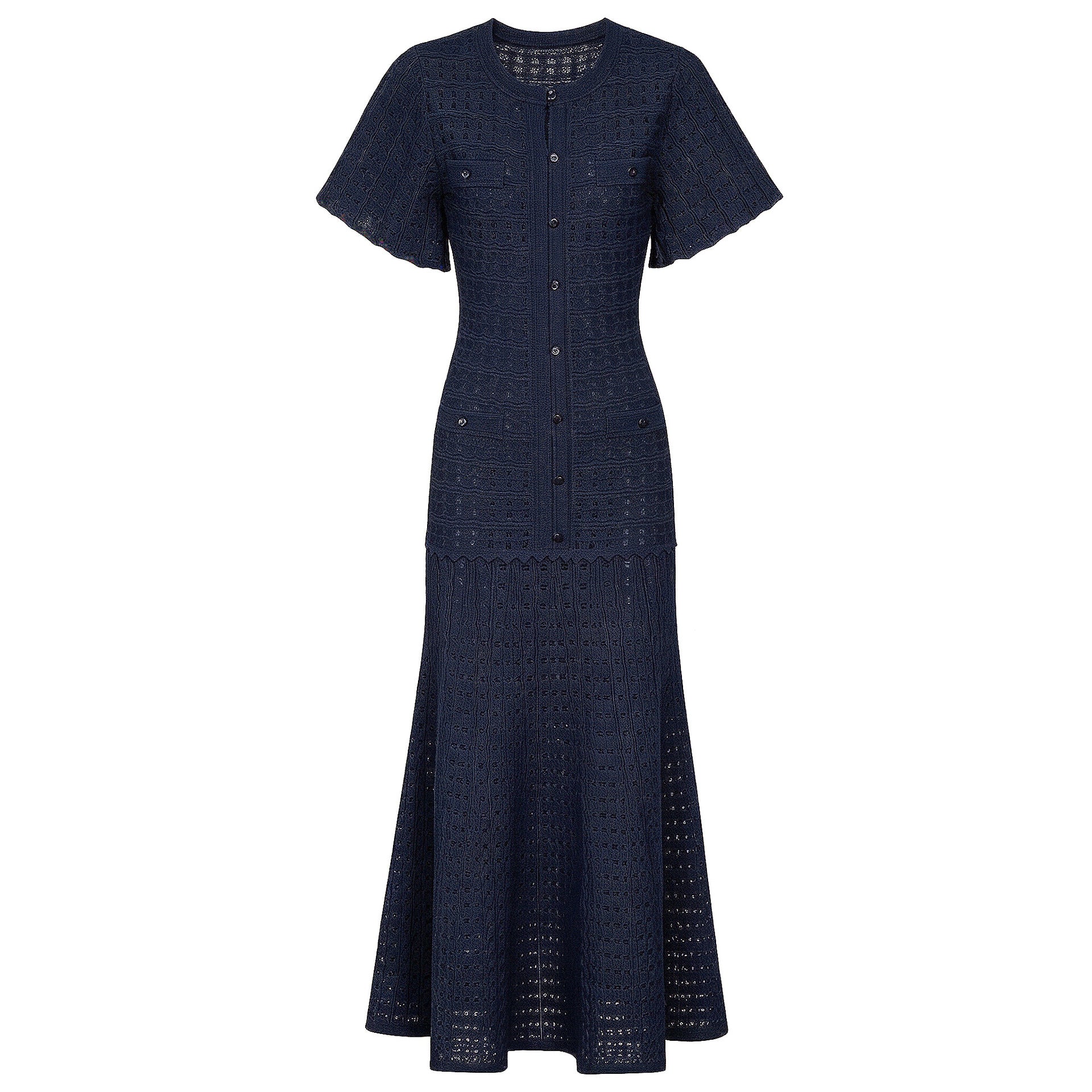 Navy maxi silk dress with short sleeves, button-front placket, and textured crochet-style skirt.
