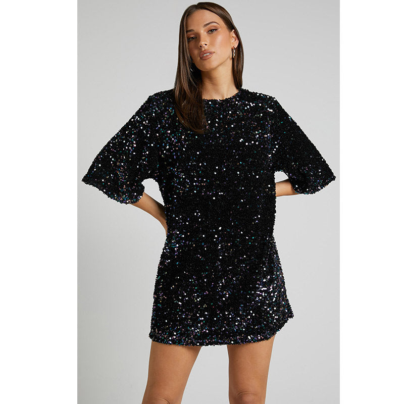 Women's Autumn Winter Velvet Sequin Elegant V Neck Dress