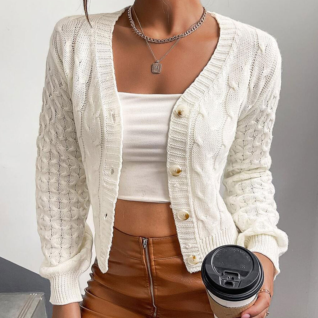 Ivory cable-knit V-neck cardigan with button-front, long sleeves