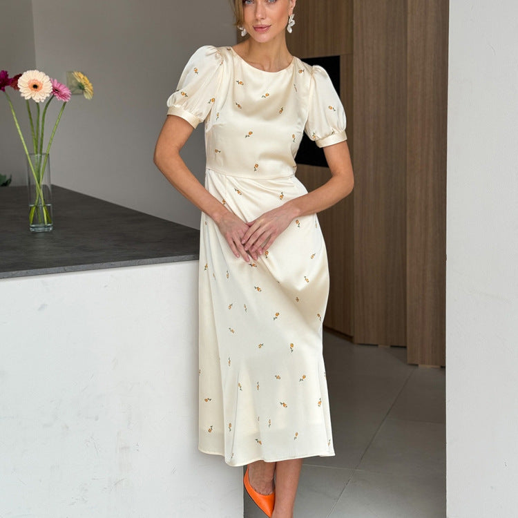 French High Grade Printed Elegant Dress for round Neck Short